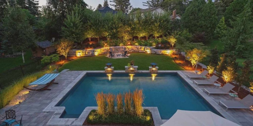 garden lighting with a beautiful swimming in backyard