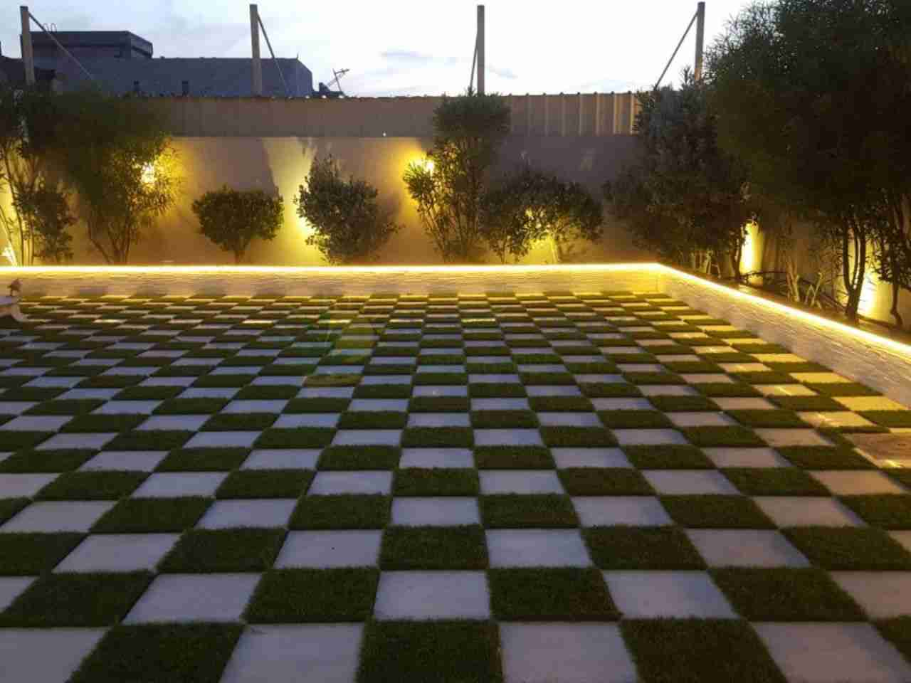 turf installation with garden lights