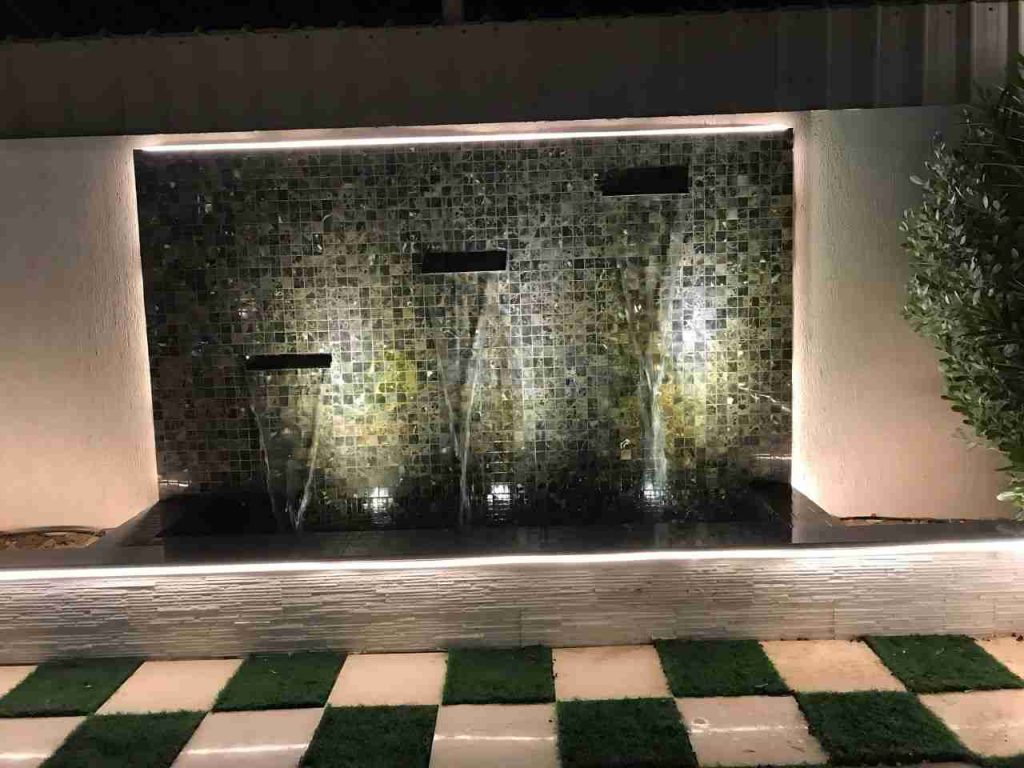 water feature decorated with lights