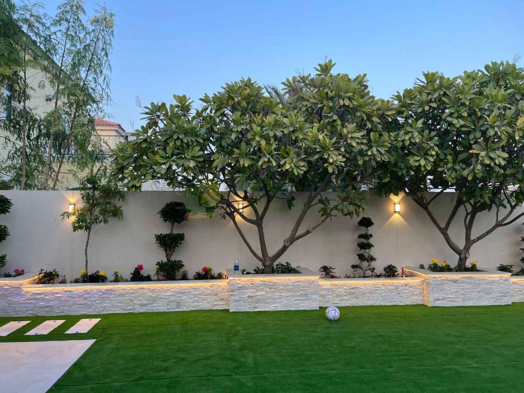 flower beds decorated with garden lights