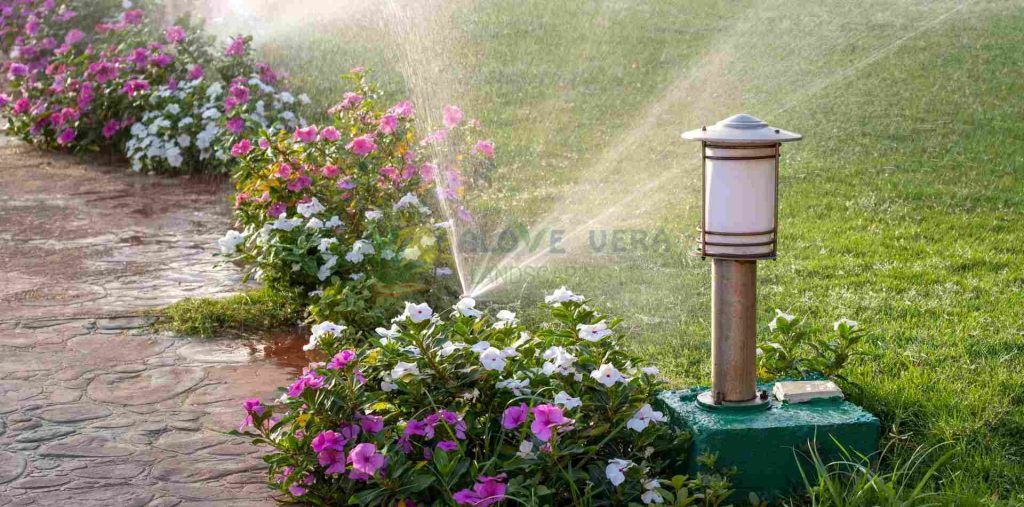 irrigation system installed in colorful plants throughout the walkway