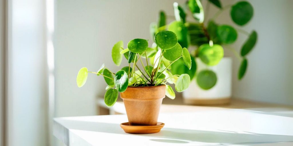 Chinese money plant shining in bright sunlight