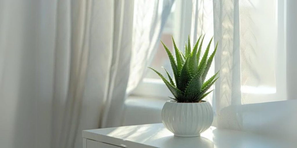 A dreamy view of an aloe vera plant placed besides the window and window is surrounded by curtains