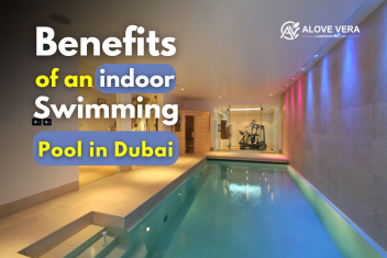 A feature image with main text Benefits of indoor pools with a pool in background