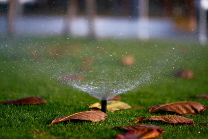 sprinkler system working in lawn surrounded by dry leaves