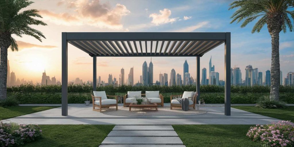 steel pergola or gazebo with background of buildings