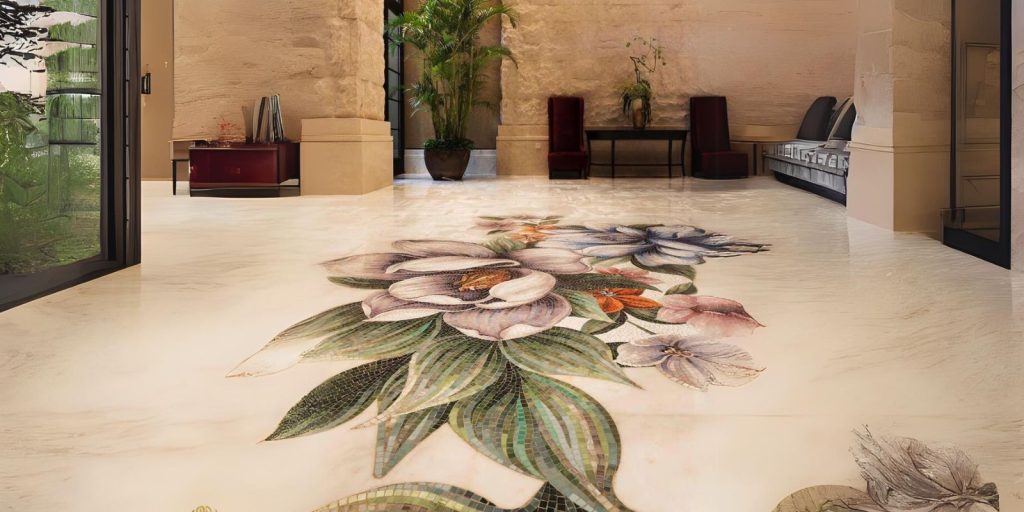 Floral and Botanical Design tiles inside a big hall of Dubai Villa