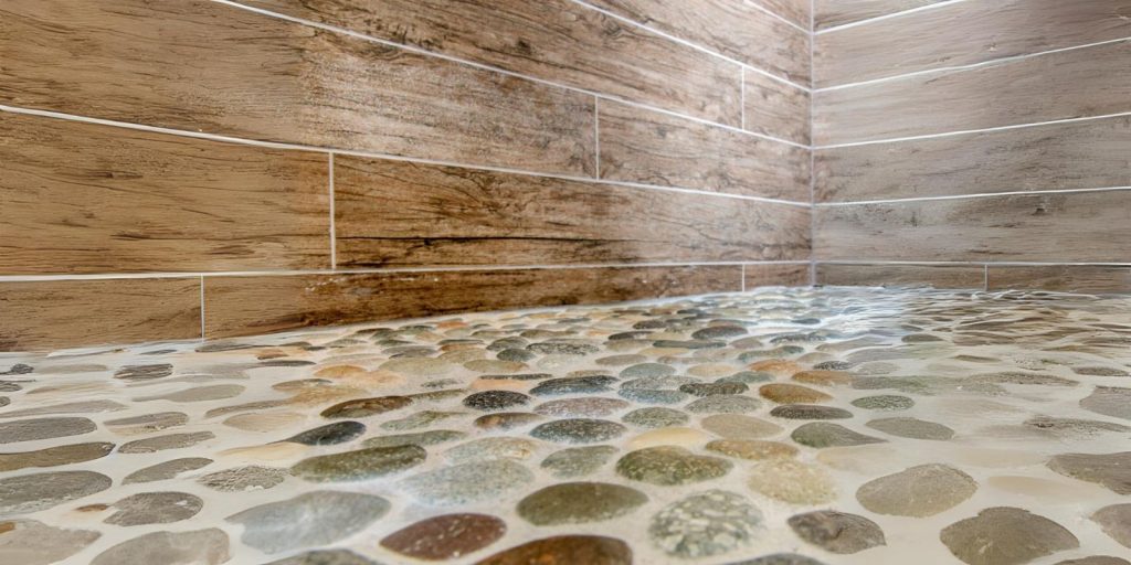 pebble tiles installed in a small wooden hut