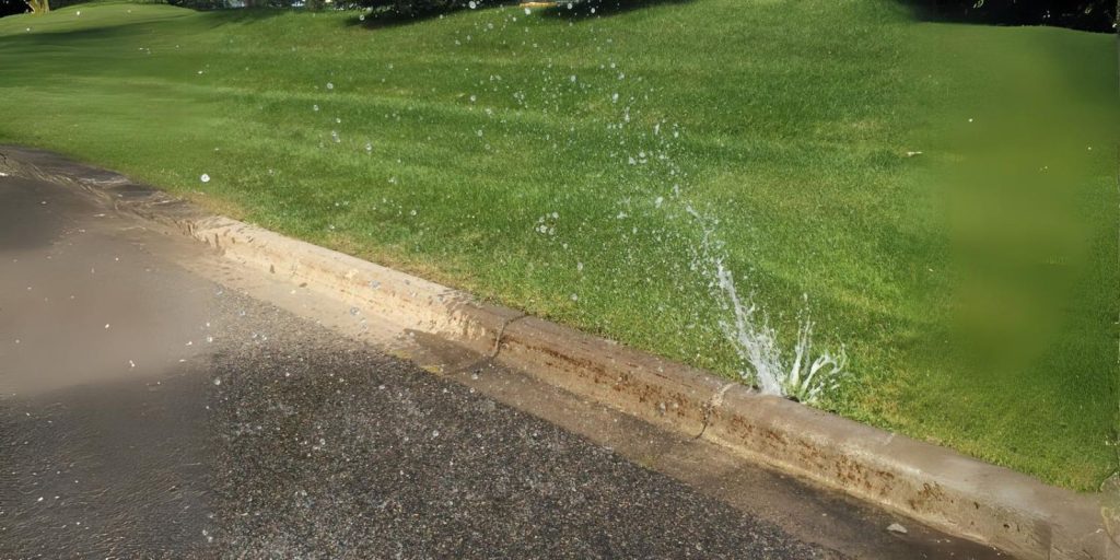 A broken head sprinkler system fitted along the roadside