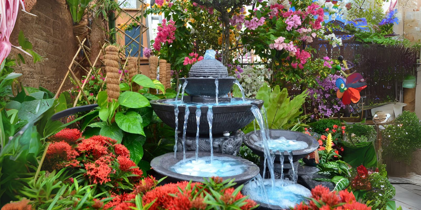 An outdoor water fountain surrounded with colorful flowers