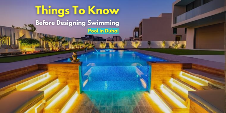 A feature image of displaying a luxurious swimming pool in Dubai night time