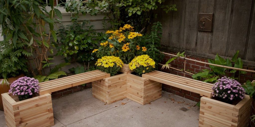 Wooden Benches with Planters