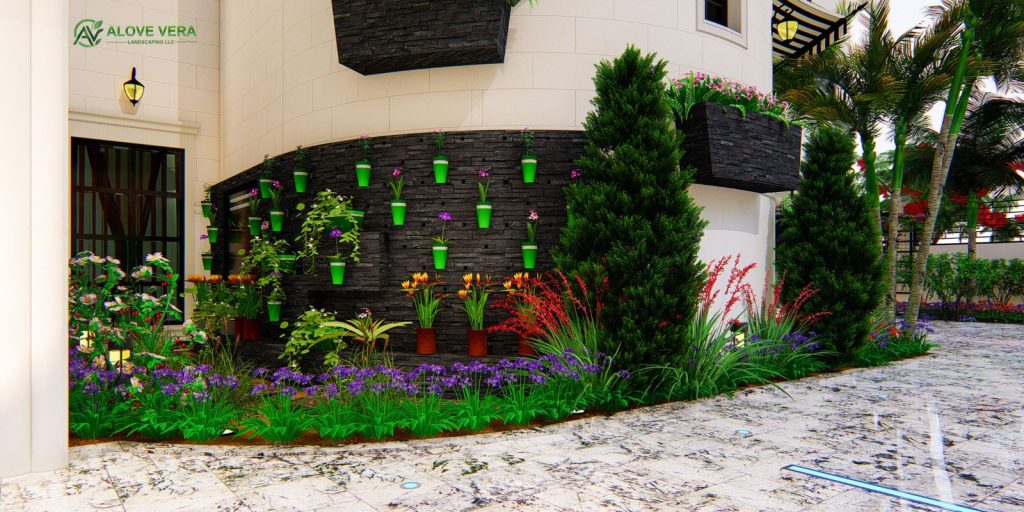 3d sample of a deorated wall with plants