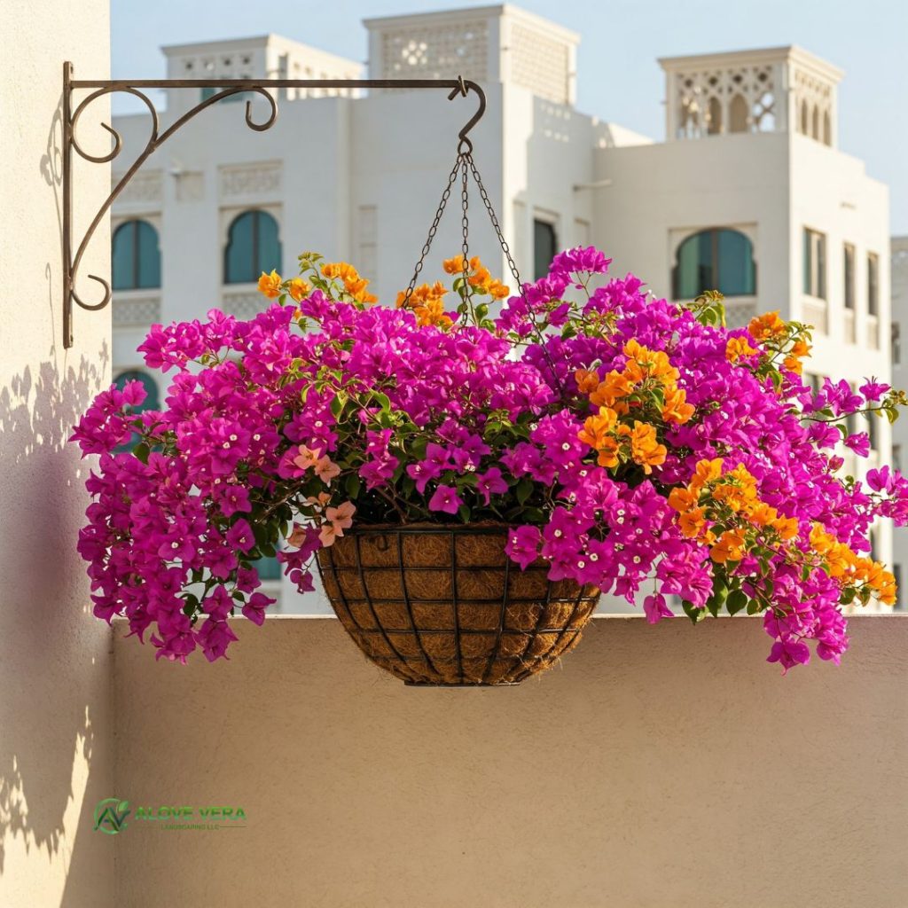 Bougainvillea plant hanged up with chains outside in the terrace