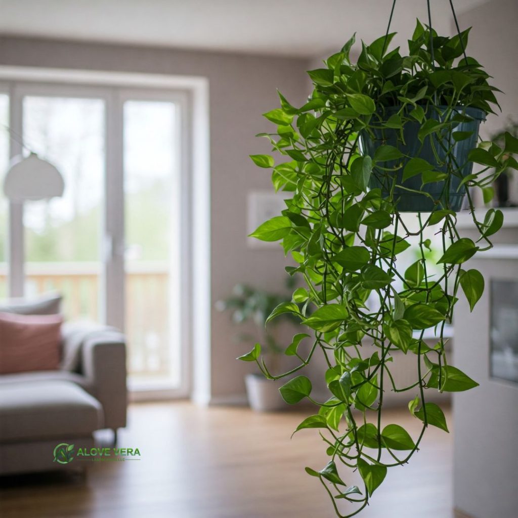 pothos indoor hanging plant in a living room