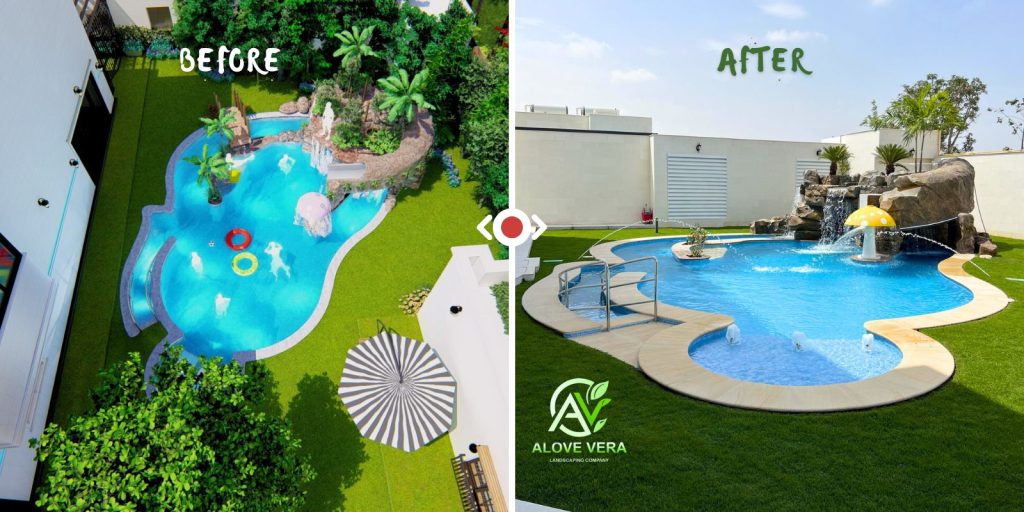 3d to real transformation of a swimming pool by AV Landscaping the landscape contractors in Dubai