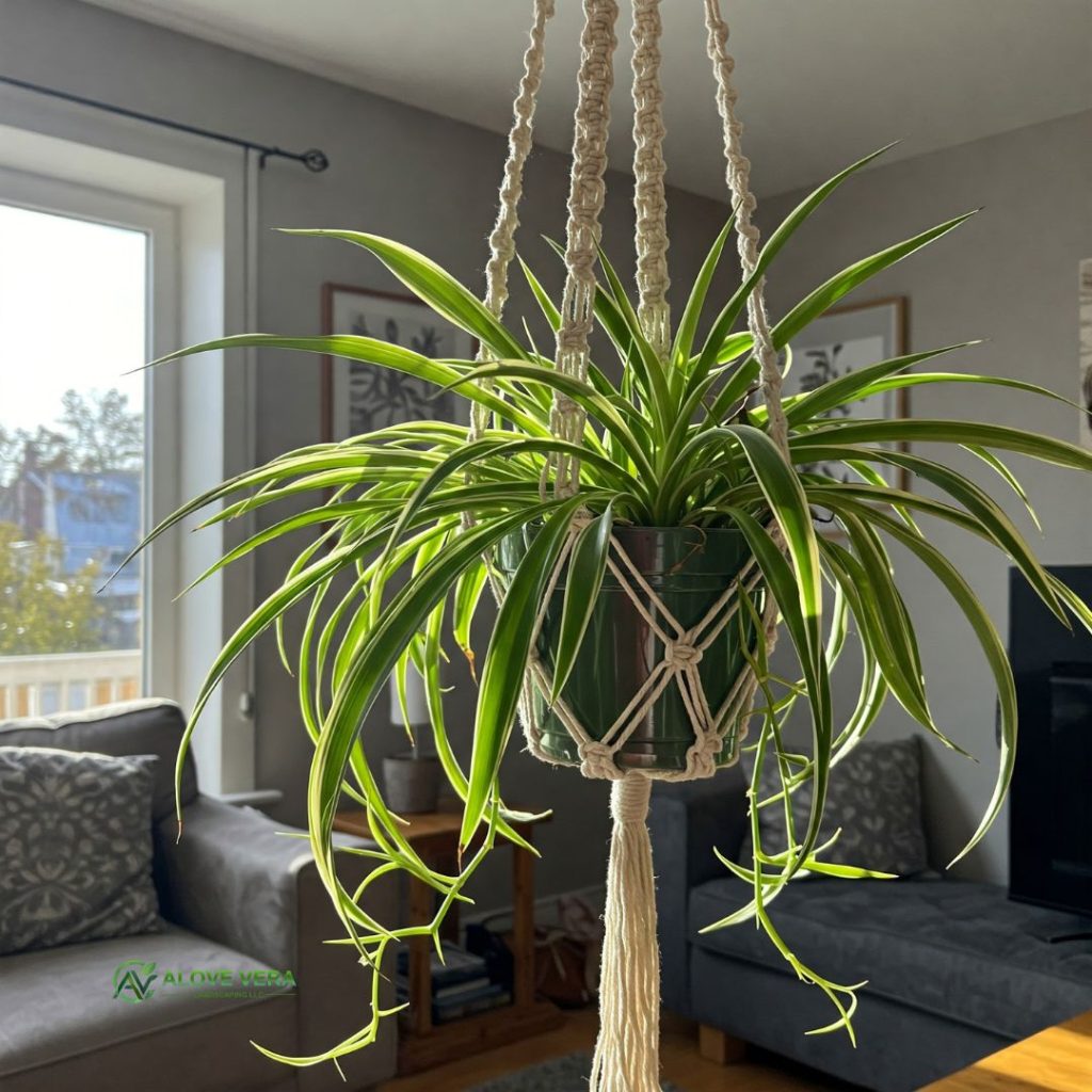 Spider plant hang up with ceiling in a living room