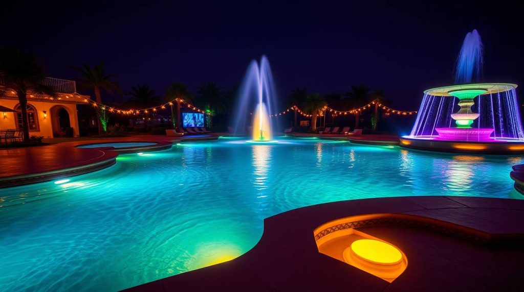Creative Outdoor Lighting Ideas to Transform Your Dubai Garden 6 High-resolution stock photo, cinematic nighttime scene Luxurious pool, bioluminescent colors, underwater lighting. Illuminated fountain, vibrant glow, professional quality, natural light effects