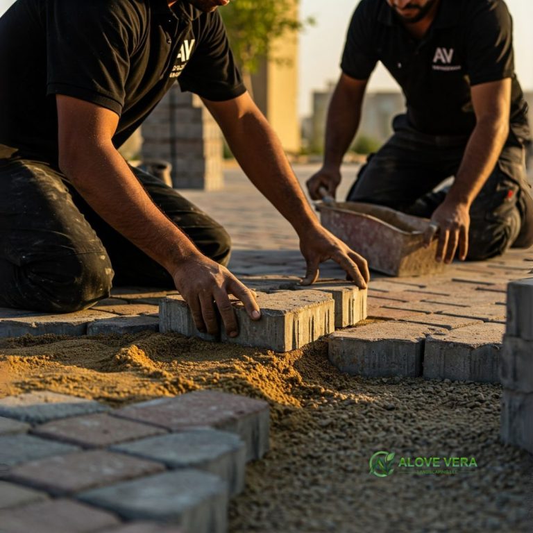 av landscaping team working on interlocking tiles