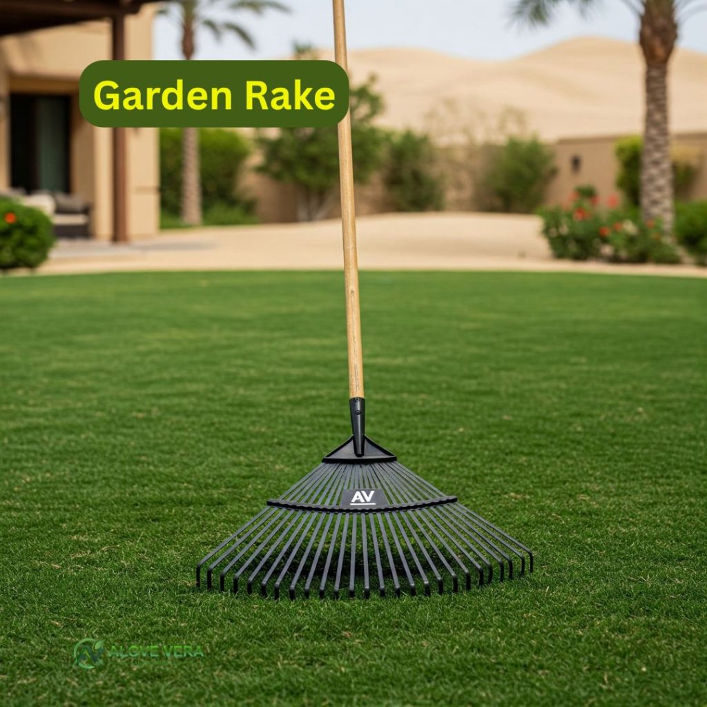Garden Maintenance Tools List to Buy in UAE 4 A sturdy, clean garden rake with the AV logo, standing on a perfectly manicured luxury lawn in a modern UAE landscape. Ideal for tidying leaves and debris.