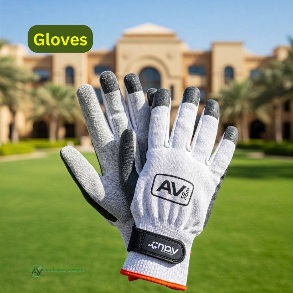 Garden Maintenance Tools List to Buy in UAE 6 A pair of clean, durable gardening gloves with the AV logo, placed on a meticulously kept luxury lawn in a UAE-inspired garden setting. Provides protection and grip for gardening.