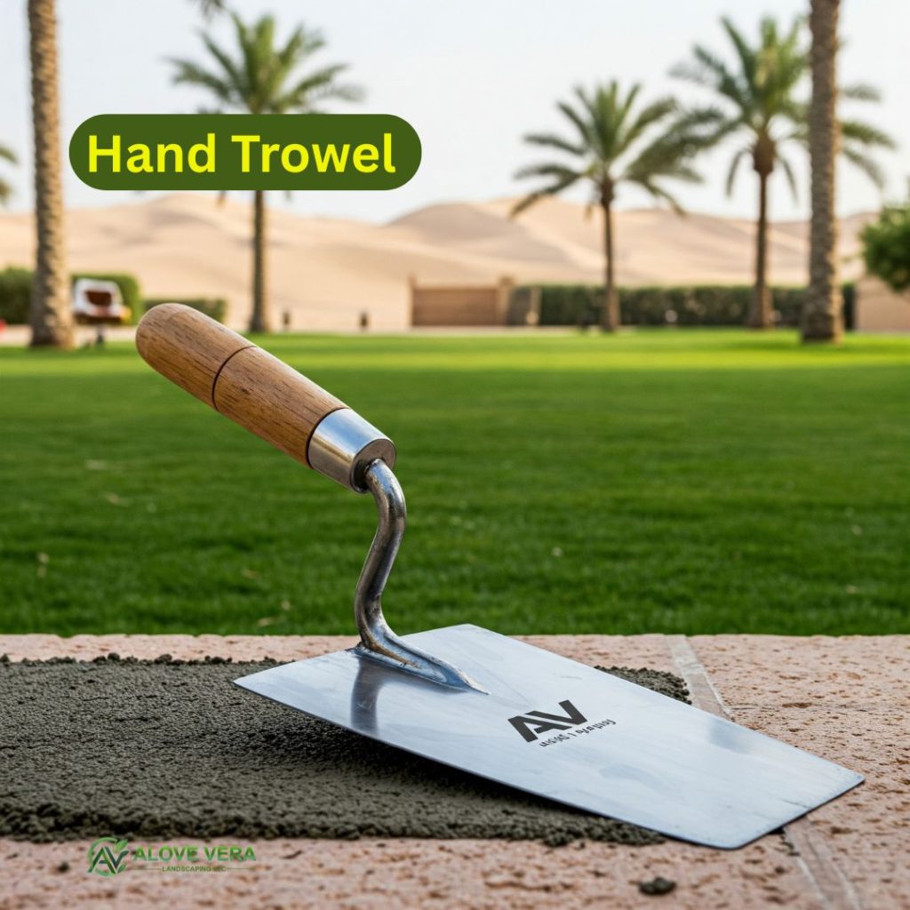 Garden Maintenance Tools List to Buy in UAE 2 A clean, modern hand trowel with the AV logo, resting on a lush green luxury lawn in a UAE villa garden. Perfect for planting and small digging tasks.