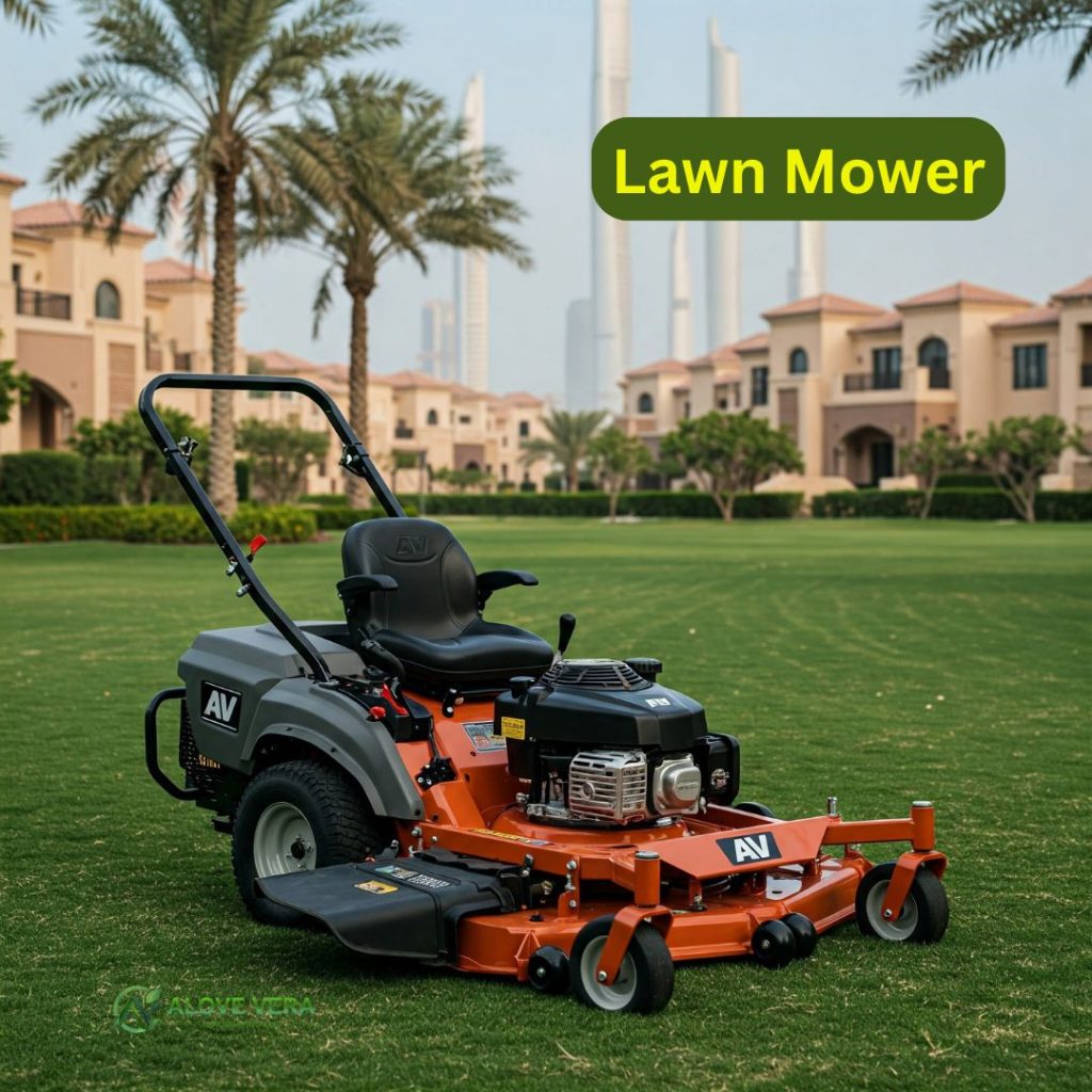 Garden Maintenance Tools List to Buy in UAE 11 A sleek, modern lawnmower with the AV logo, parked on a perfectly manicured luxury lawn in a grand UAE villa garden. Essential for a neat and healthy lawn.