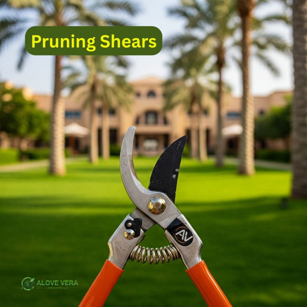 Garden Maintenance Tools List to Buy in UAE 3 Sharp, well-maintained pruning shears with the AV logo, positioned on a pristine luxury lawn in a contemporary UAE garden. Essential for healthy plant trimming.