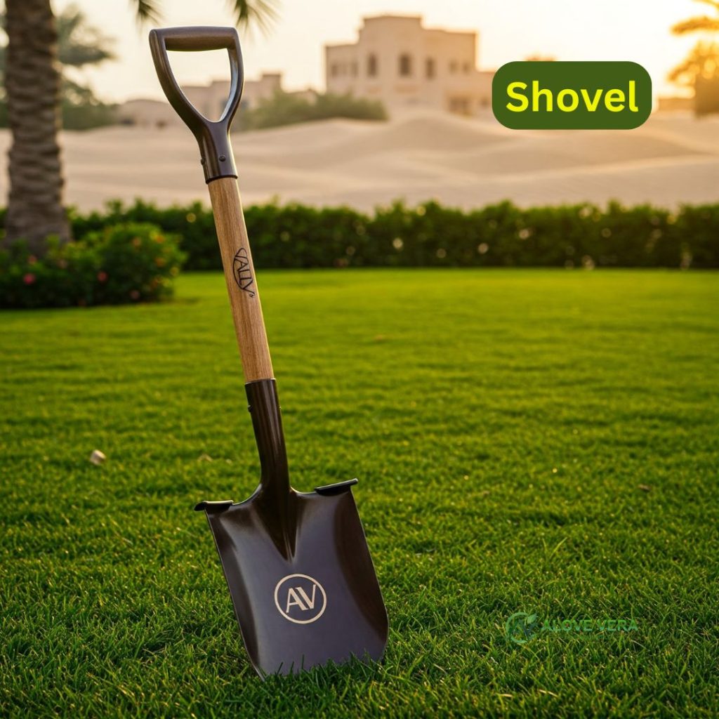 Garden Maintenance Tools List to Buy in UAE 8 A robust, clean shovel with the AV logo, standing upright on a pristine luxury lawn in a modern UAE landscape. Used for digging, planting, and moving soil.