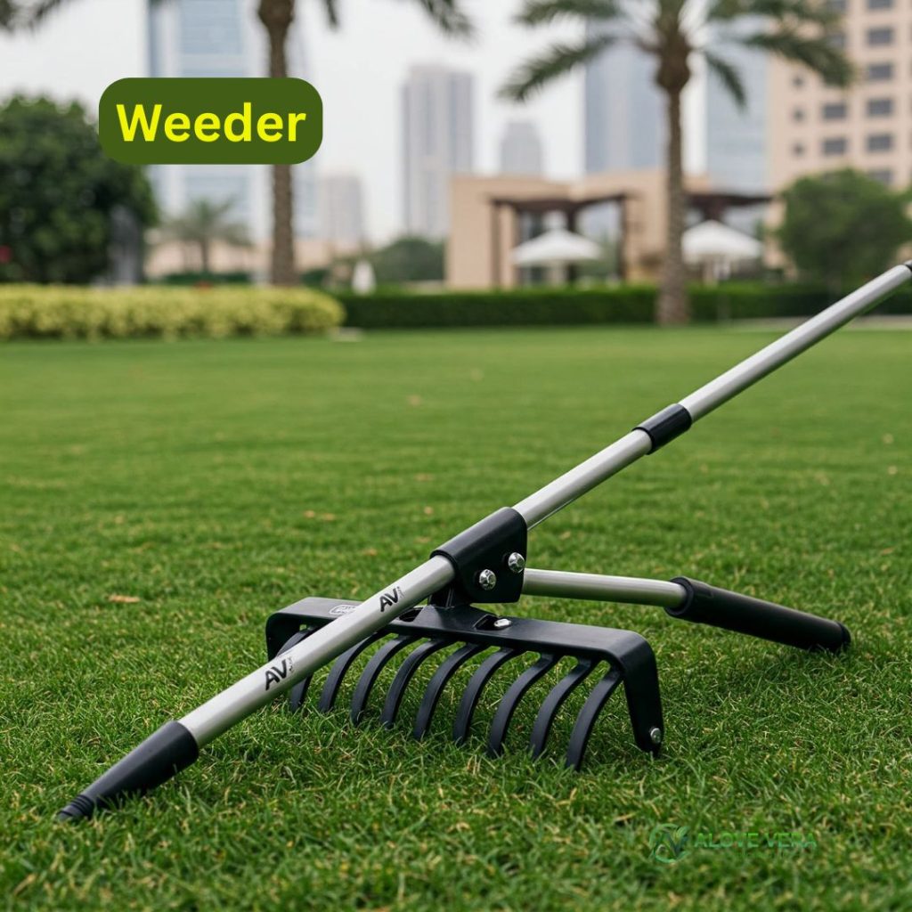 Garden Maintenance Tools List to Buy in UAE 10 A precise, clean weeder tool with the AV logo, positioned on a well-maintained luxury lawn in a UAE-style garden. Designed for efficient weed removal from roots.