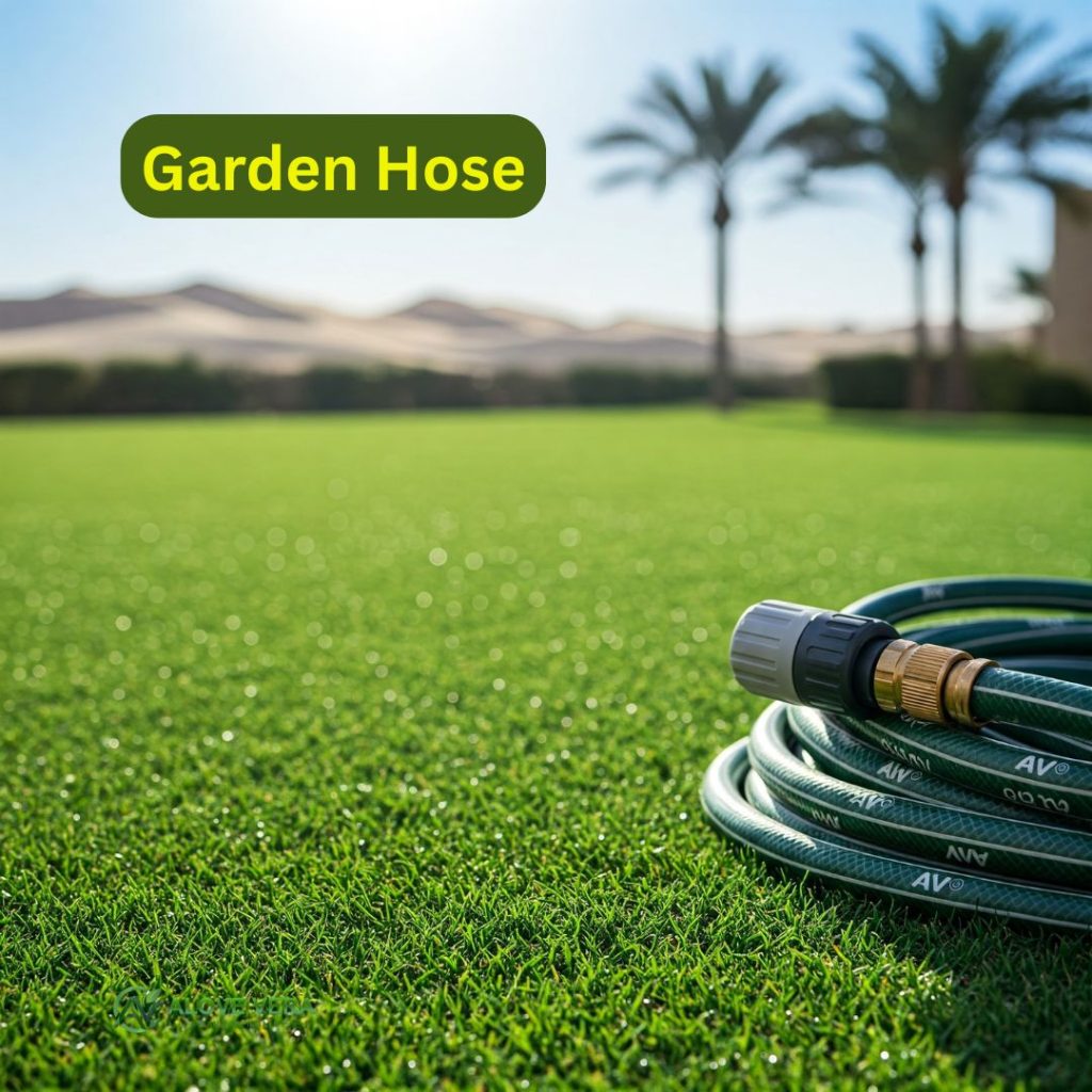Garden Maintenance Tools List to Buy in UAE 5 A sleek, modern garden hose coiled neatly featuring the AV logo. Set on a vibrant luxury lawn in a UAE villa garden, ready for watering