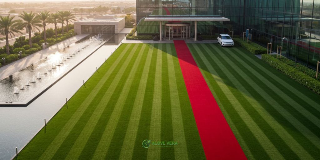 7 Trending Lawn Mowing Patterns for Luxury UAE Lawns 2 An Emirate Strip Mowed lawn in front of a luxury hotel entrance with a red carpet