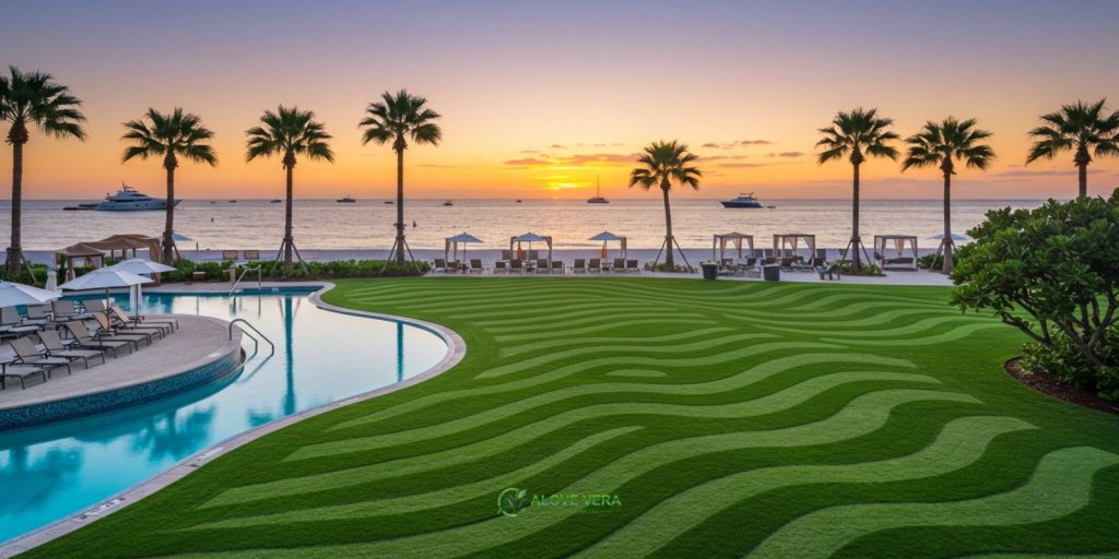 7 Trending Lawn Mowing Patterns for Luxury UAE Lawns 5 Pearl Wave Mowing Pattern of luxury hotel Lawn along side a beach in UAE