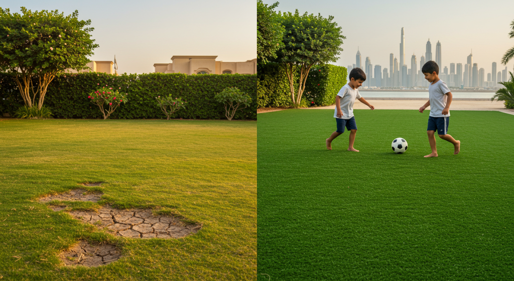 How to Avoid Dead Spots on Your Grass in the UAE 2 Dead Spots on Natural Grass to Artificial Grass Installation by AV Landscaping