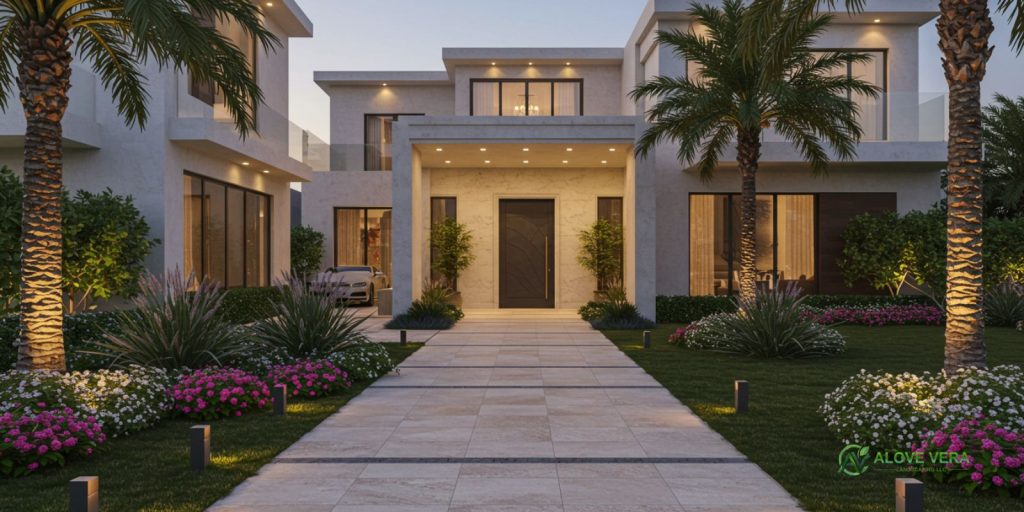 Landscaping Ideas for Luxury Villa Entrances in Dubai 2 A luxury villa entrance in Dubai with a wide stone pathway made of travertine tiles, surrounded by lush greenery and flowers, modern villa in the background, warm evening sunlight, elegant landscaping design.