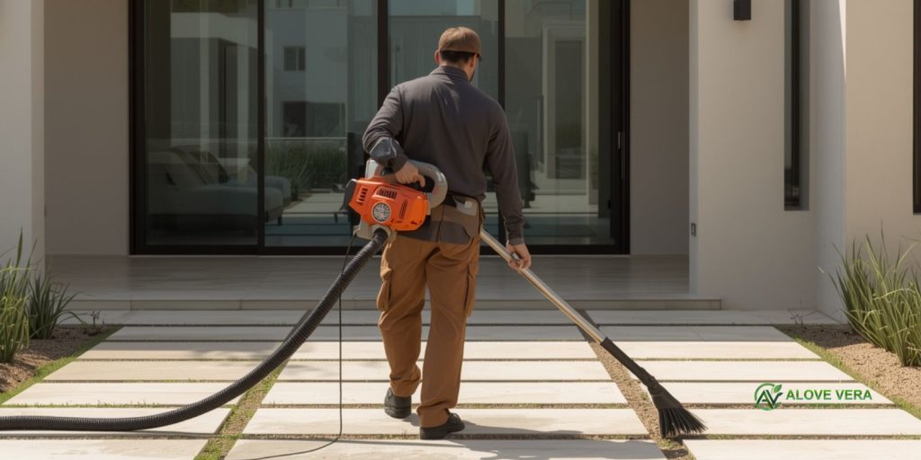 Concrete Landscape Pavers in the UAE – Design Installation 4 Worker cleaning concrete landscape pavers in a UAE villa courtyard using blower and brush for regular maintenance.
