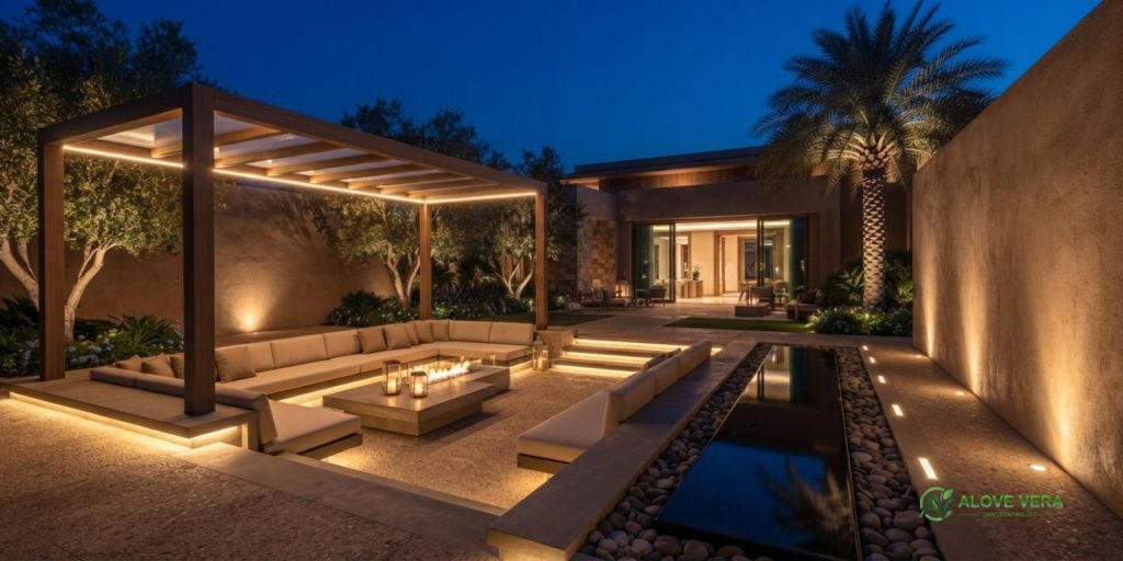 Luxury Landscaping Trends That Are Changing High-End UAE Properties 2 Sophisticated UAE villa courtyard at night