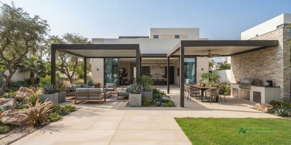 Modern luxury villa backyard garden with patio and pergola